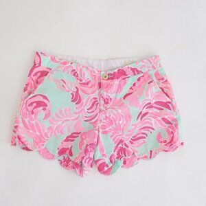 Lilly Pulitzer Pink Aqua Palm Leaf Print Scalloped Hem Cotton Shorts Preppy 6